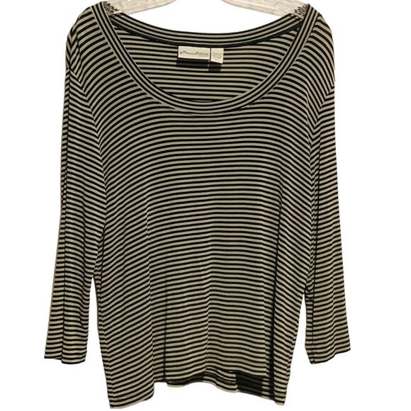 PRIVATE EDITION by CHICO'S Size 3 Mini Striped Slinky Top 3/4 Sleeves L Black - Picture 1 of 6